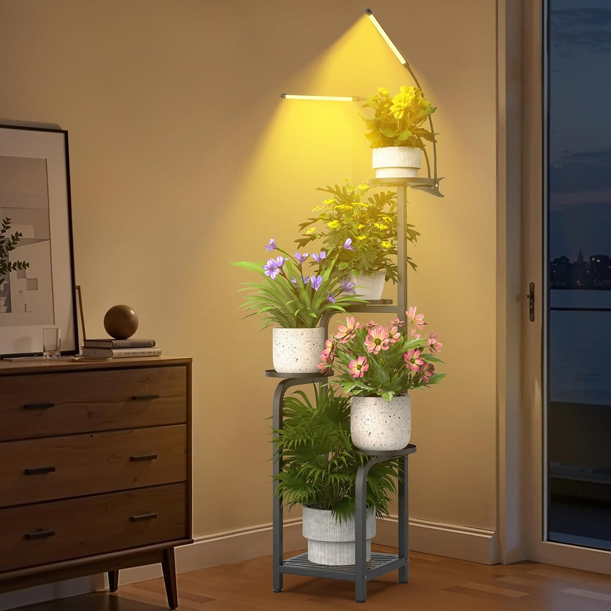 Tall 5-Tier Plant Stand Indoor with Adjustable Grow Light, Black
