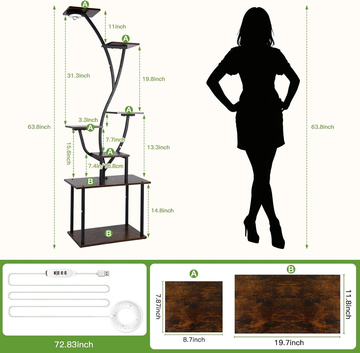Tall Plant Stand Indoor with Grow Lights, 63" Metal Corner Shelf