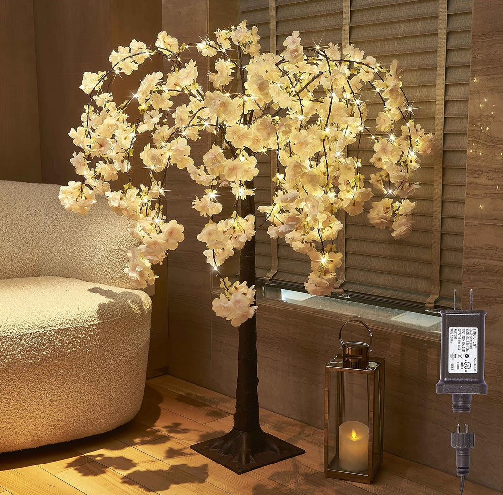 Lighted Cherry Blossom Tree 4FT, Cherry Blossom Garland Lights and Bonsai Tree18In