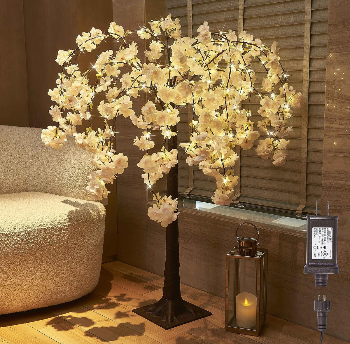 Lighted Cherry Blossom Tree 4FT, Cherry Blossom Garland Lights and Bonsai Tree18In