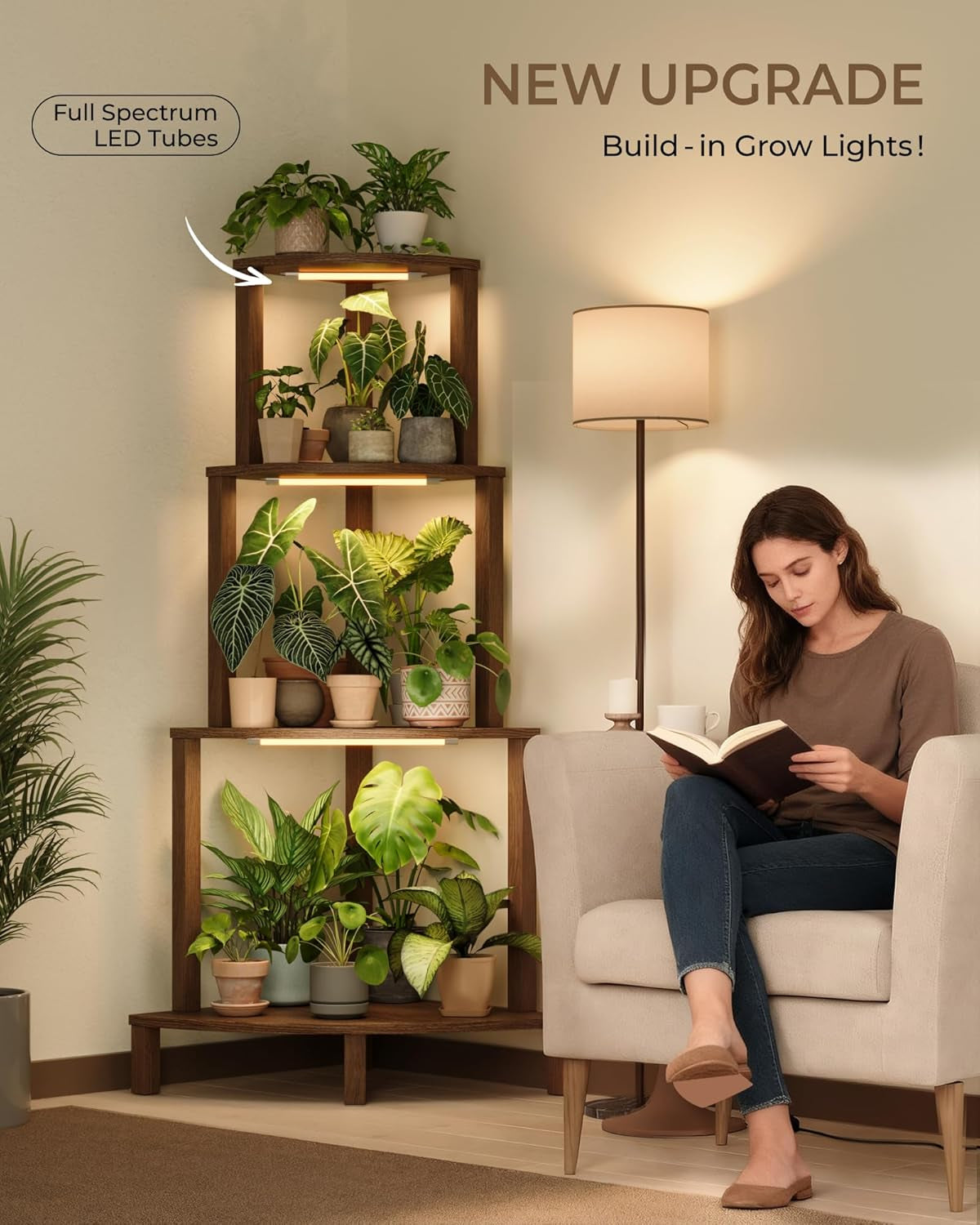 Corner Plant Stand with Grow Lights 4-Tier Plant Stand Indoor Wood Plant Stand with Grow Light Tall Shelves Garden Decor for Living Room Balcony