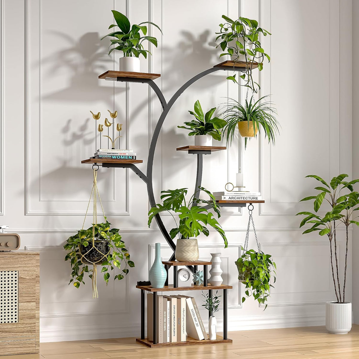 65" Tall Plant Stand Indoor with Grow Lights, 8-Tier Plant Shelf with Hanging Hooks, Tree-Shaped Metal Plant Rack, Space-Saving for Home, Living Room & Corner Spaces, Brown