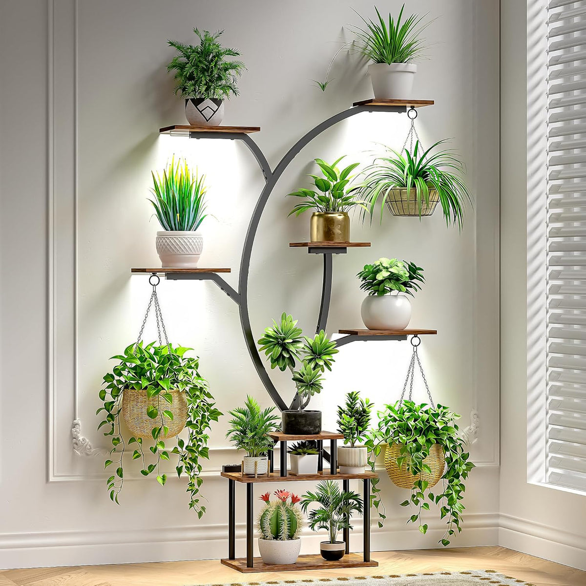 65" Tall Plant Stand Indoor with Grow Lights, 8-Tier Plant Shelf with Hanging Hooks, Tree-Shaped Metal Plant Rack, Space-Saving for Home, Living Room & Corner Spaces, Brown