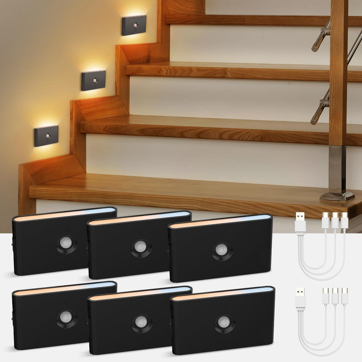 6Pcs Rechargeable Stair Lights Motion Sensor Indoor