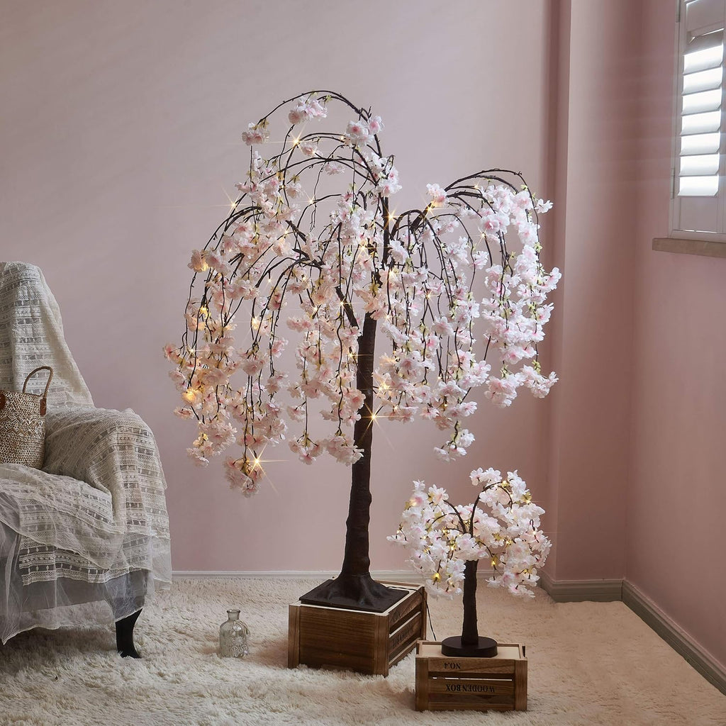 Lighted Cherry Blossom Tree 4FT, Cherry Blossom Garland Lights and Bonsai Tree18In