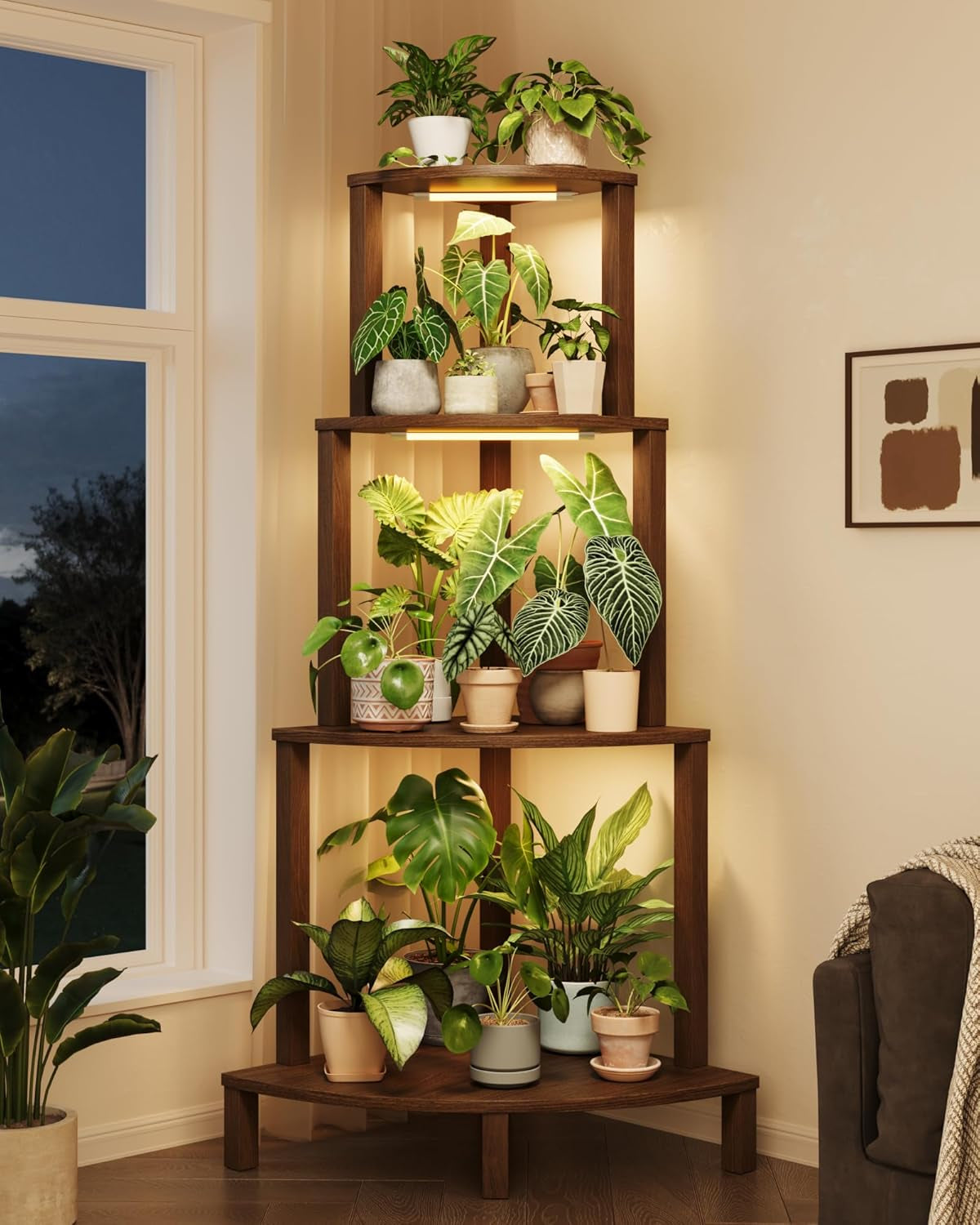 Corner Plant Stand with Grow Lights 4-Tier Plant Stand Indoor Wood Plant Stand with Grow Light Tall Shelves Garden Decor for Living Room Balcony