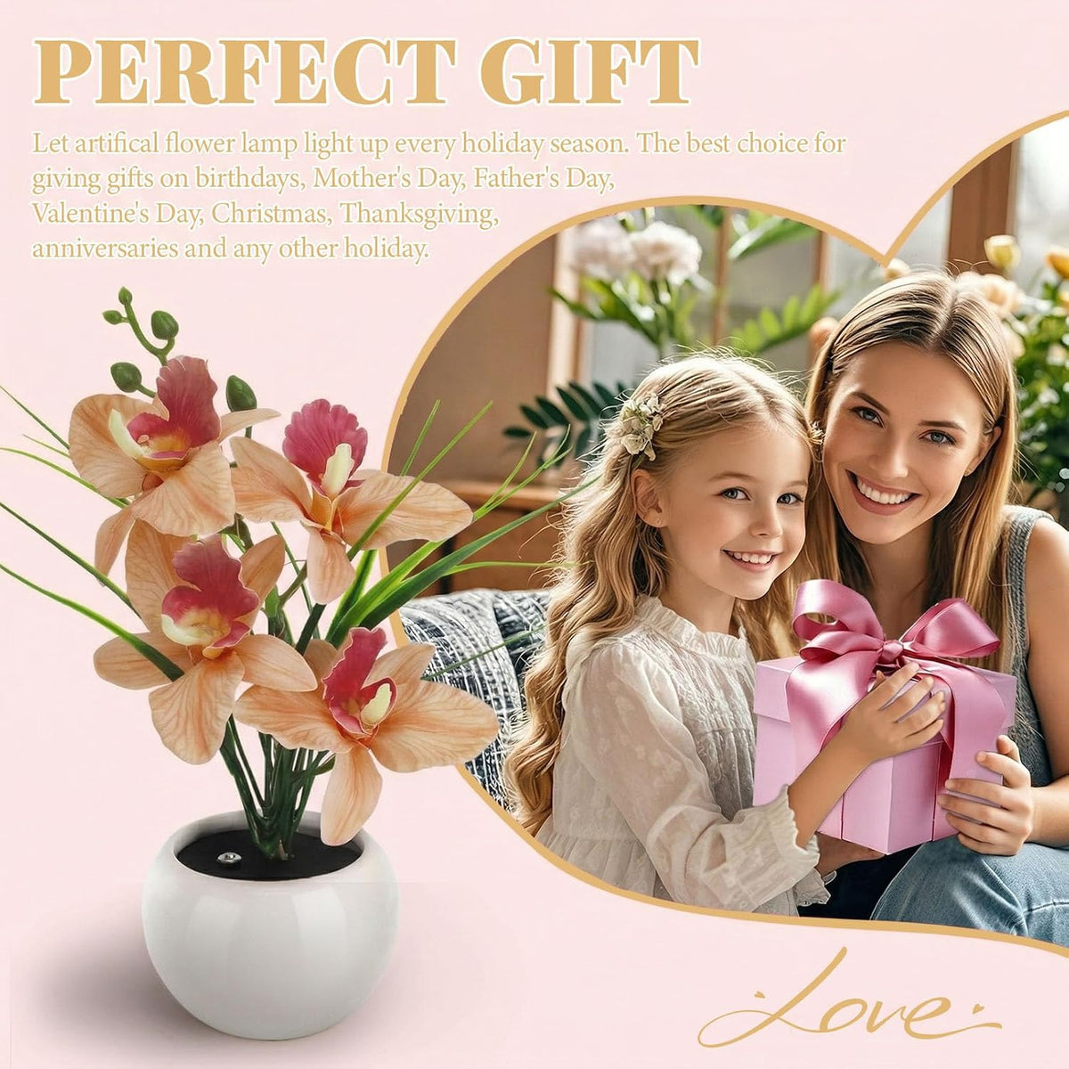 Artificial Flower Night Light, Touch Stepless Dimming USB Rechargeable Orchid Flower with Vase Lamp, LED Table Lamp Decorative Landscape Lights for Festival Party Home Decor (Champagne)