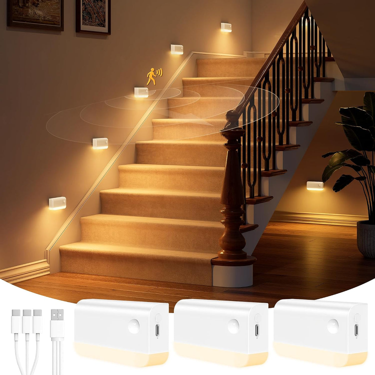 Motion Sensor Stair Lights Indoor, 3 Pack Rechargeable Wireless Step Lights with 3 Color Temperatures, 1200Mah Battery, Magnetic Base for Hallway, Closet, Bathroom, White