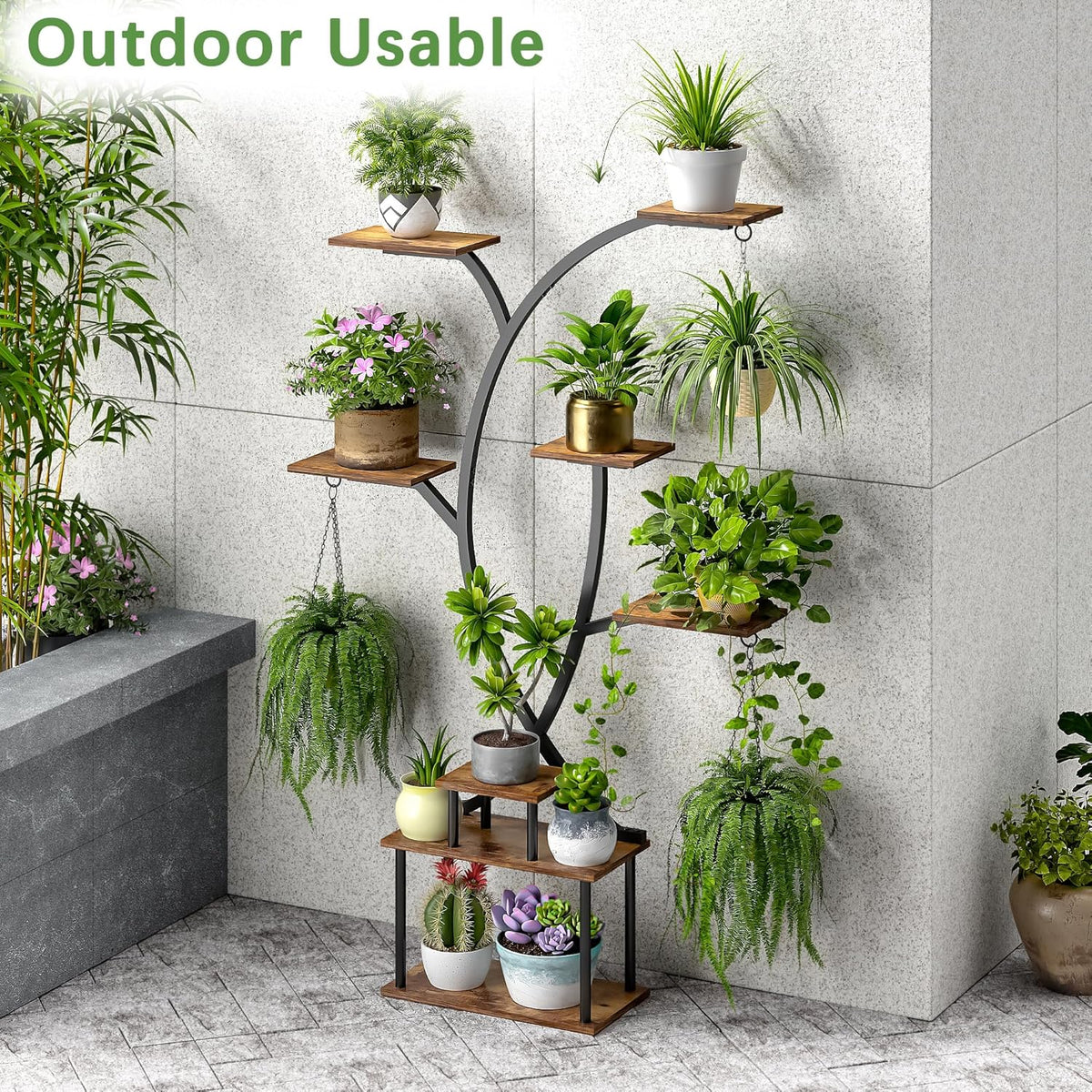 65" Tall Plant Stand Indoor with Grow Lights, 8-Tier Plant Shelf with Hanging Hooks, Tree-Shaped Metal Plant Rack, Space-Saving for Home, Living Room & Corner Spaces, Brown
