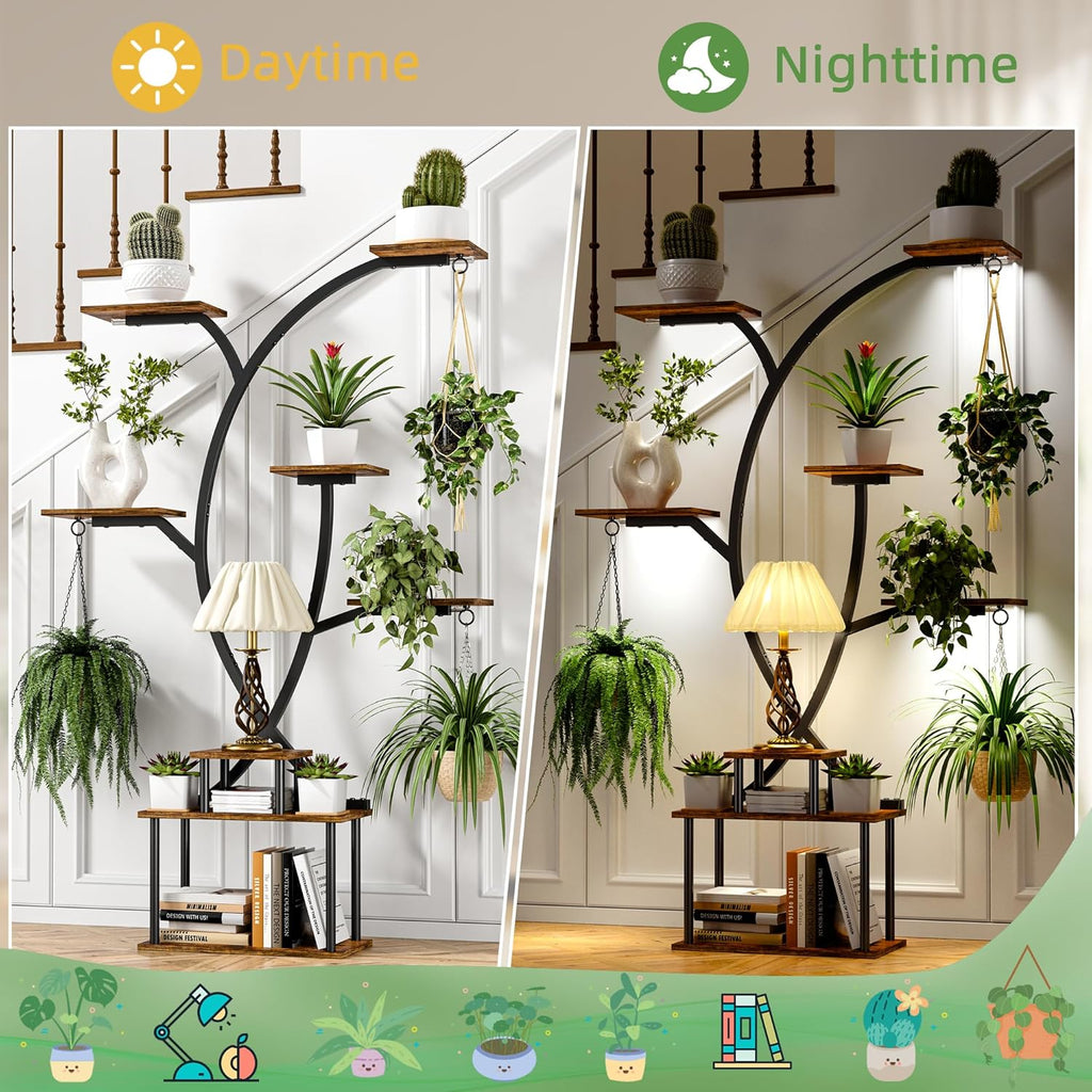 65" Tall Plant Stand Indoor with Grow Lights, 8-Tier Plant Shelf with Hanging Hooks, Tree-Shaped Metal Plant Rack, Space-Saving for Home, Living Room & Corner Spaces, Brown