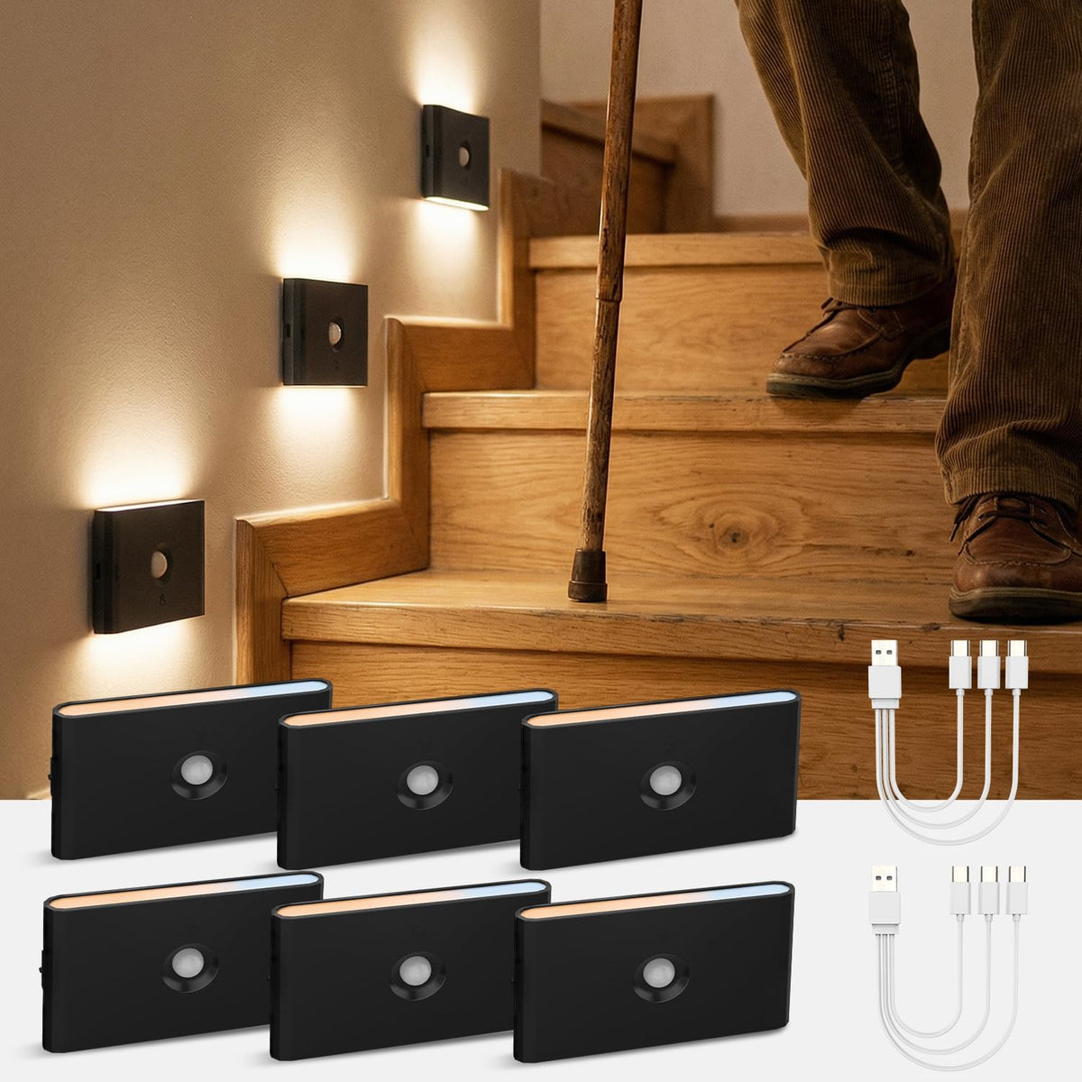 6Pcs Rechargeable Stair Lights Motion Sensor Indoor