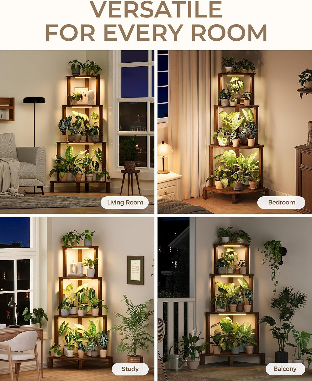Corner Plant Stand with Grow Lights 4-Tier Plant Stand Indoor Wood Plant Stand with Grow Light Tall Shelves Garden Decor for Living Room Balcony