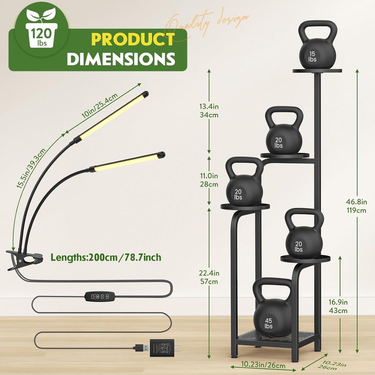 Tall 5-Tier Plant Stand Indoor with Adjustable Grow Light, Black