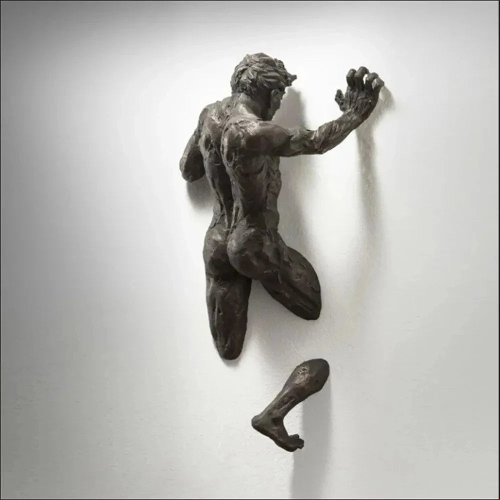 Imitation Copper Wall Decor Abstract Character Resin Rock Climbing Man Statue Sculpture Background Wall Art 3D through Wall