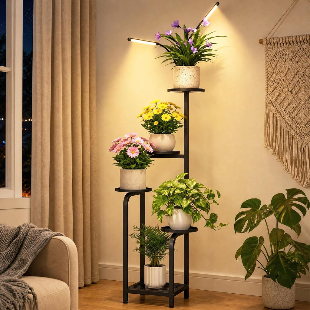 Tall 5-Tier Plant Stand Indoor with Adjustable Grow Light, Black