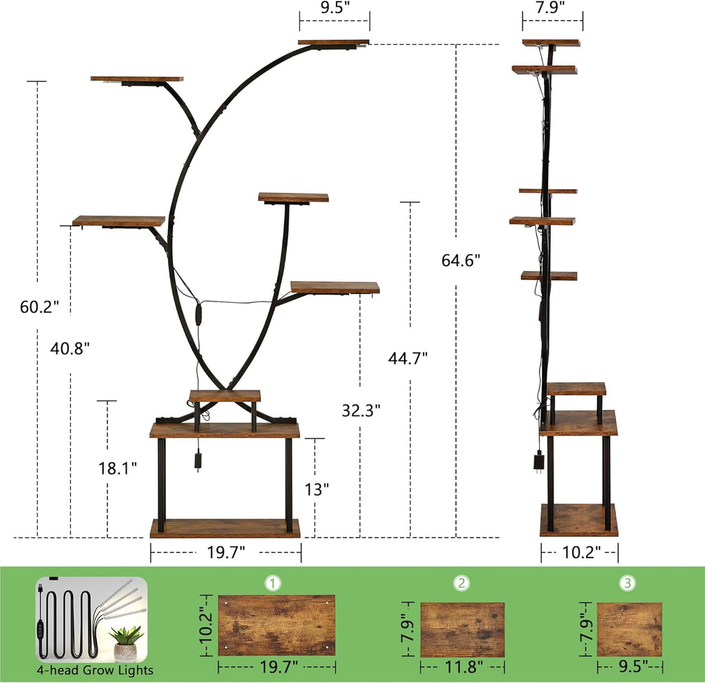 65" Tall Plant Stand Indoor with Grow Lights, 8-Tier Plant Shelf with Hanging Hooks, Tree-Shaped Metal Plant Rack, Space-Saving for Home, Living Room & Corner Spaces, Brown