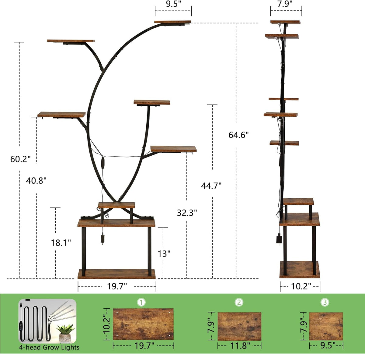65" Tall Plant Stand Indoor with Grow Lights, 8-Tier Plant Shelf with Hanging Hooks, Tree-Shaped Metal Plant Rack, Space-Saving for Home, Living Room & Corner Spaces, Brown