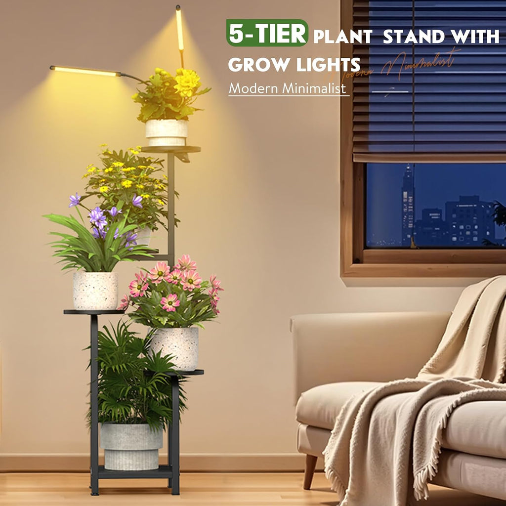 Tall 5-Tier Plant Stand Indoor with Adjustable Grow Light, Black