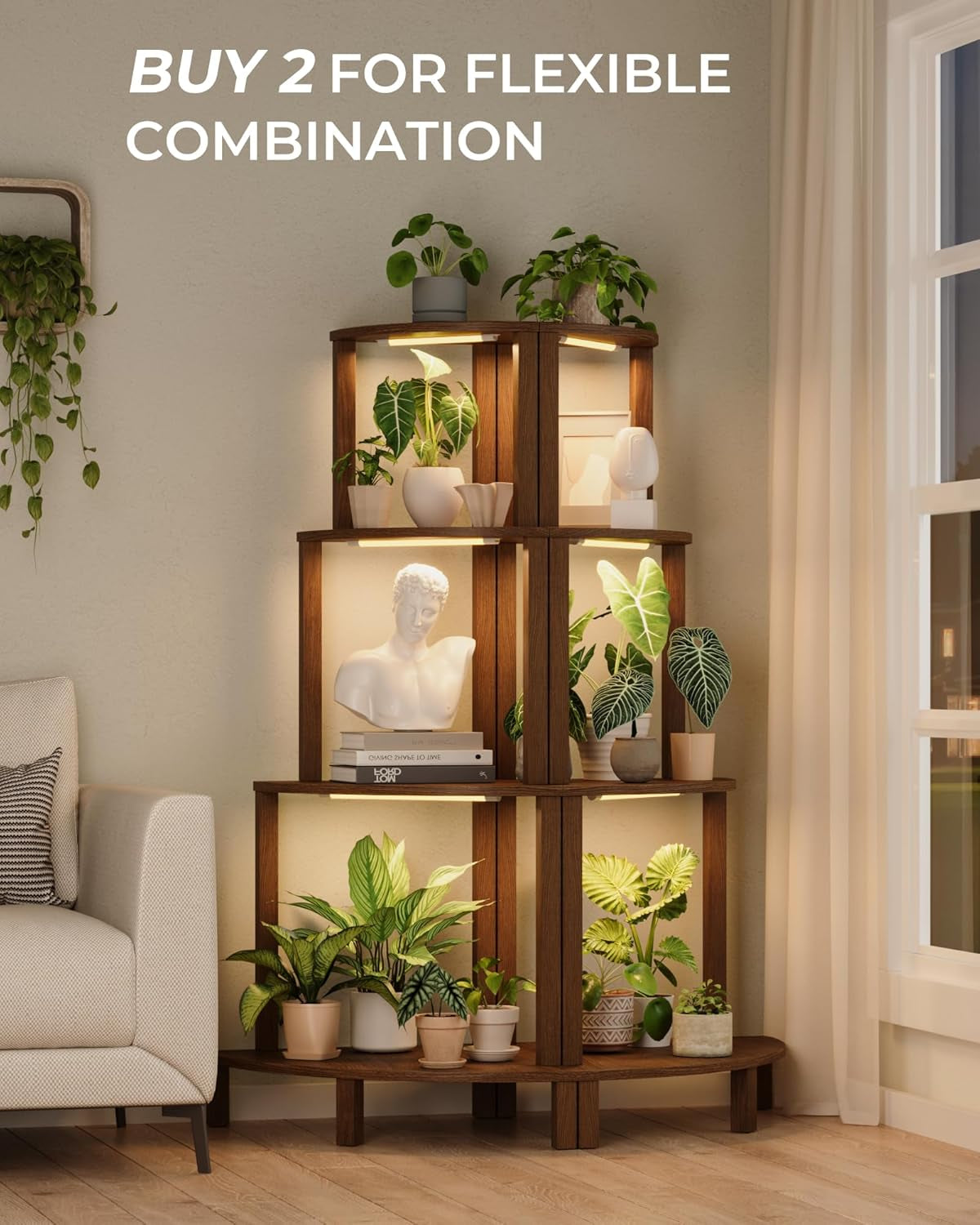 Corner Plant Stand with Grow Lights 4-Tier Plant Stand Indoor Wood Plant Stand with Grow Light Tall Shelves Garden Decor for Living Room Balcony