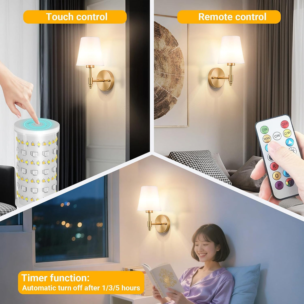 Peel and Stick Wall Sconces, Stick on Wall Sconce Set of 2, Battery Operated Wireless Wall Light, No Drill Adhesive Wall Lamp, Corn Bulb with 10000Mah Rechargeable Battery, Bedroom Wall Decor