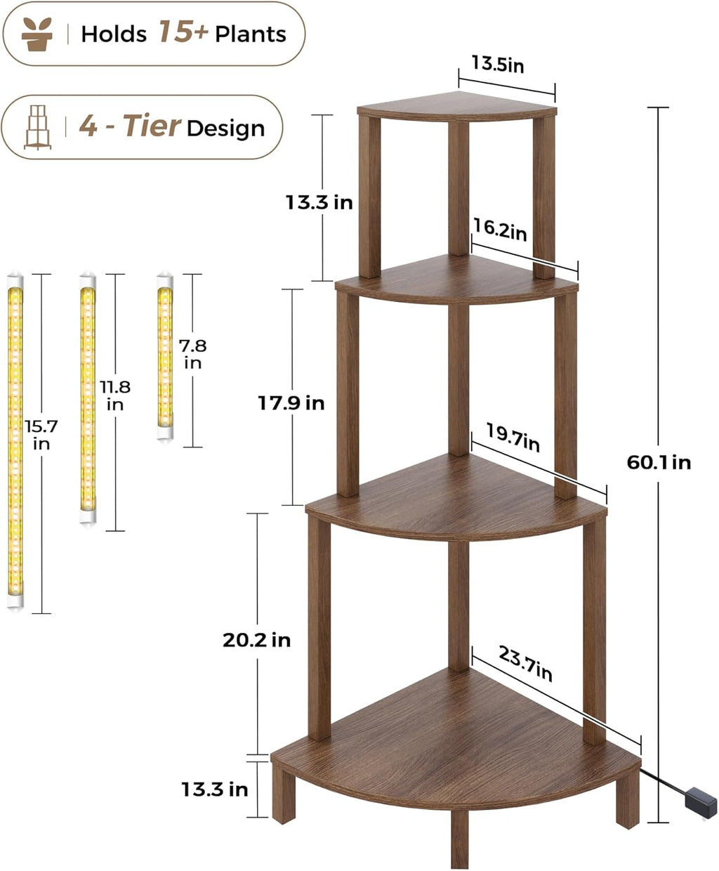 Corner Plant Stand with Grow Lights 4-Tier Plant Stand Indoor Wood Plant Stand with Grow Light Tall Shelves Garden Decor for Living Room Balcony