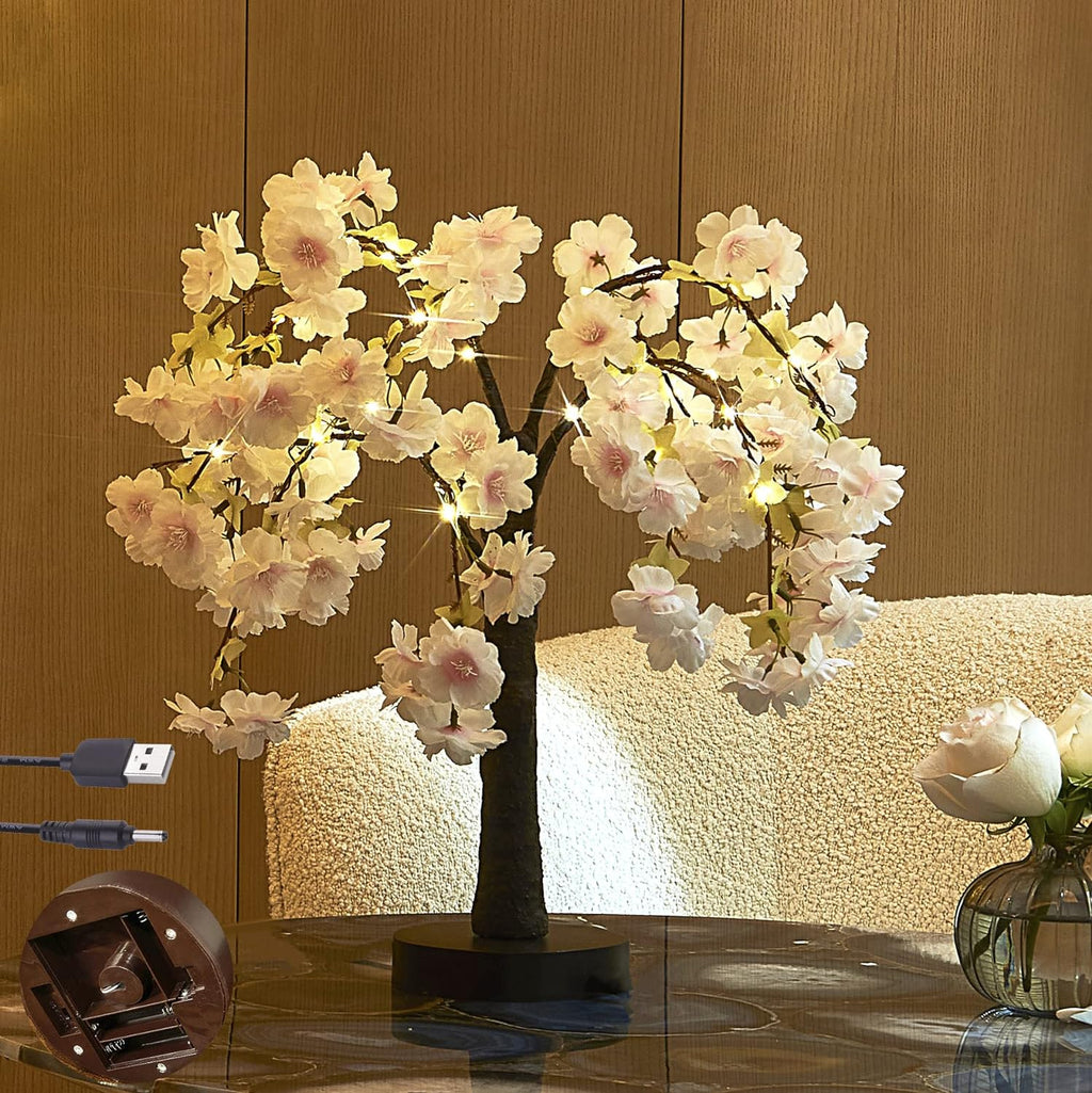 Lighted Cherry Blossom Tree 4FT, Cherry Blossom Garland Lights and Bonsai Tree18In