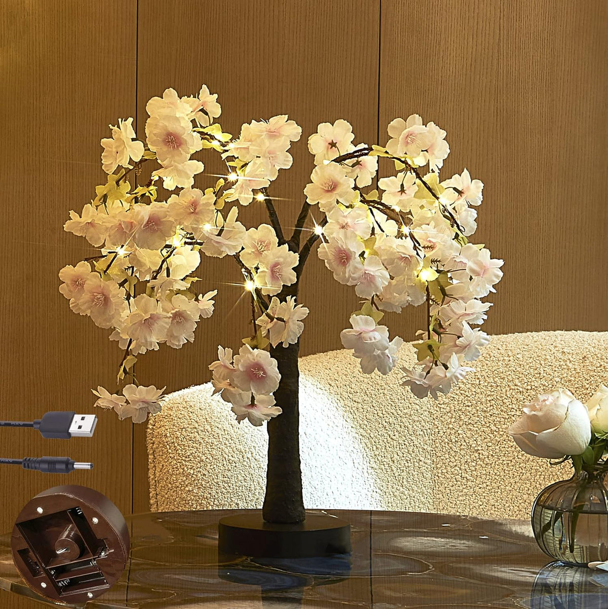Lighted Cherry Blossom Tree 4FT, Cherry Blossom Garland Lights and Bonsai Tree18In