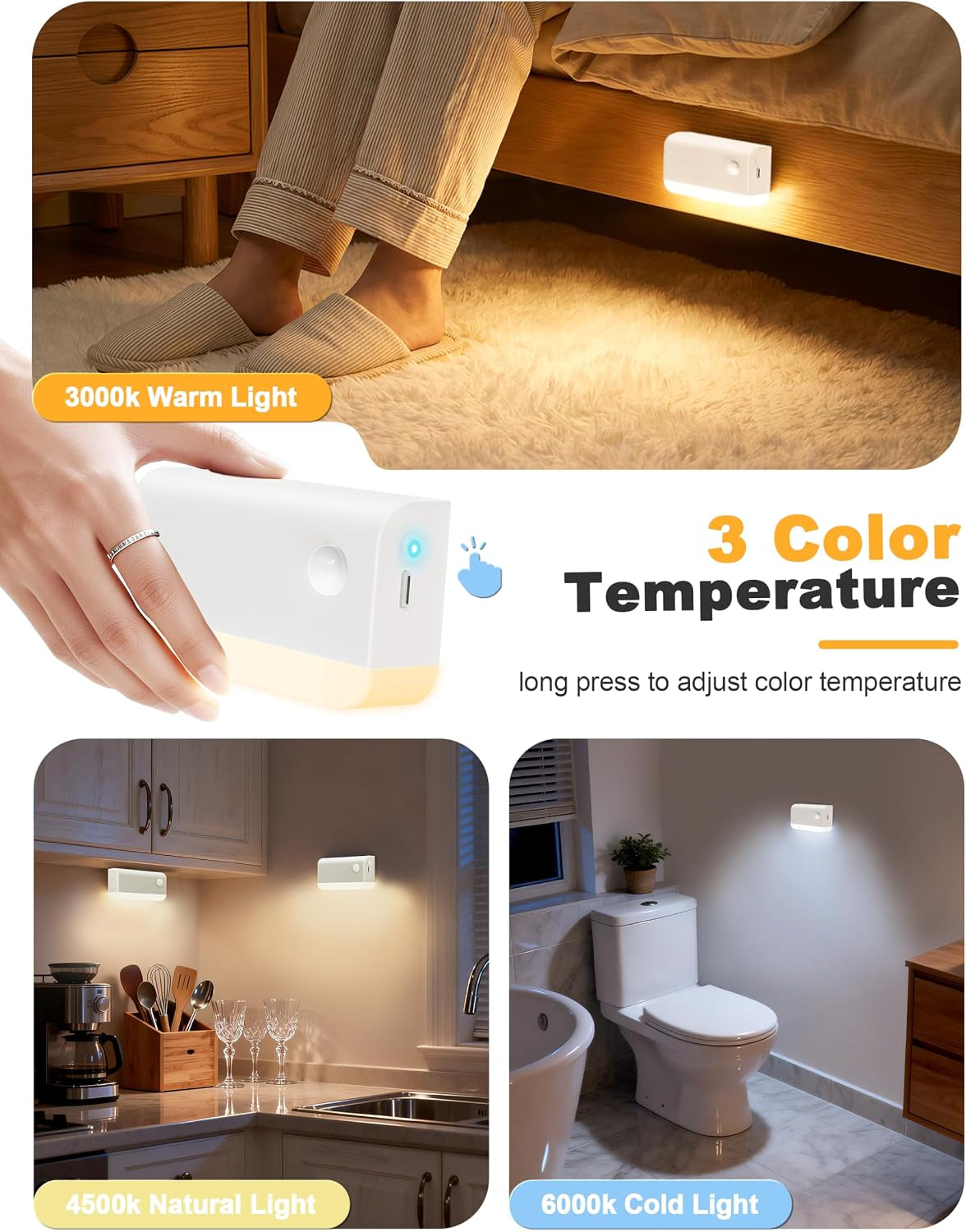 Motion Sensor Stair Lights Indoor, 3 Pack Rechargeable Wireless Step Lights with 3 Color Temperatures, 1200Mah Battery, Magnetic Base for Hallway, Closet, Bathroom, White
