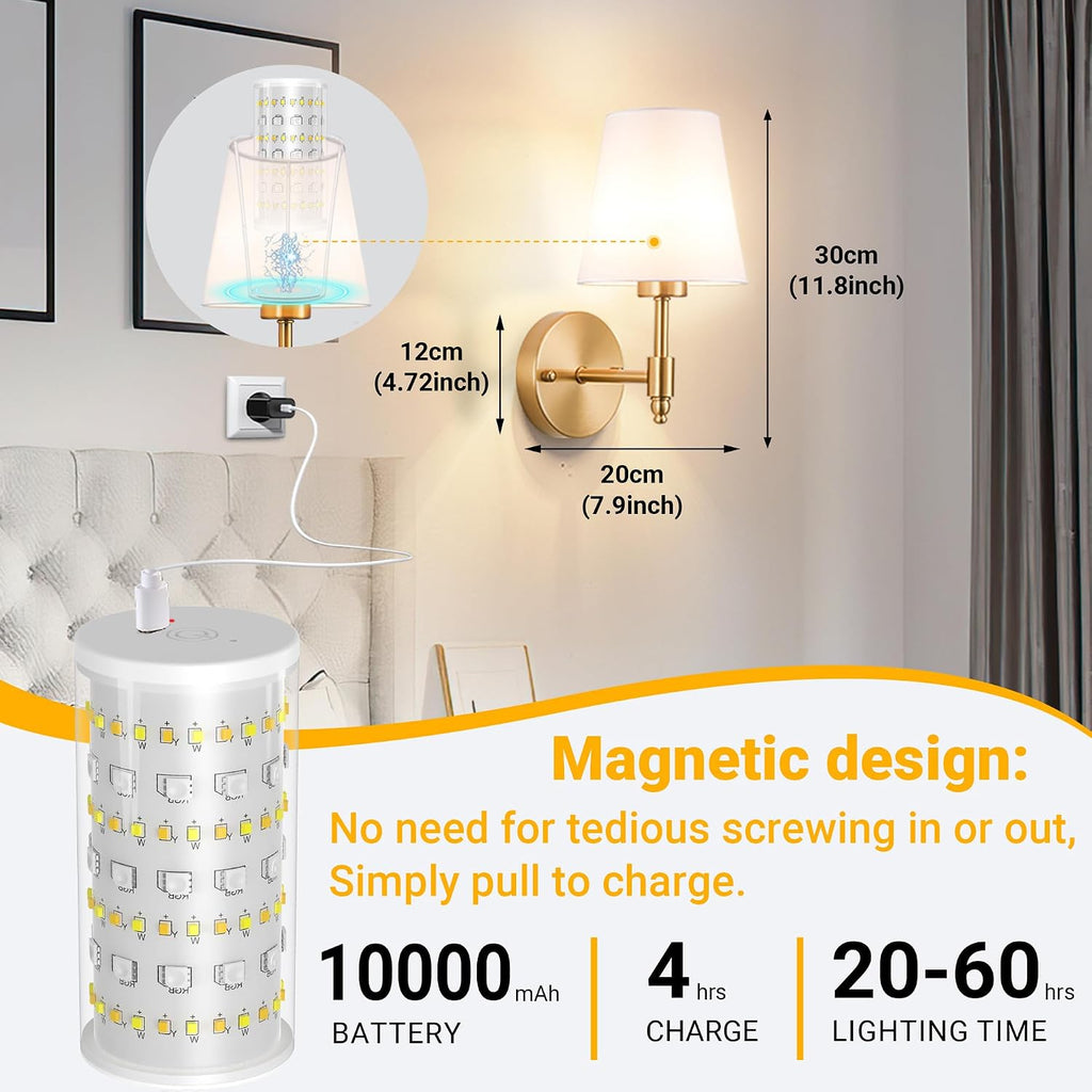 Peel and Stick Wall Sconces, Stick on Wall Sconce Set of 2, Battery Operated Wireless Wall Light, No Drill Adhesive Wall Lamp, Corn Bulb with 10000Mah Rechargeable Battery, Bedroom Wall Decor
