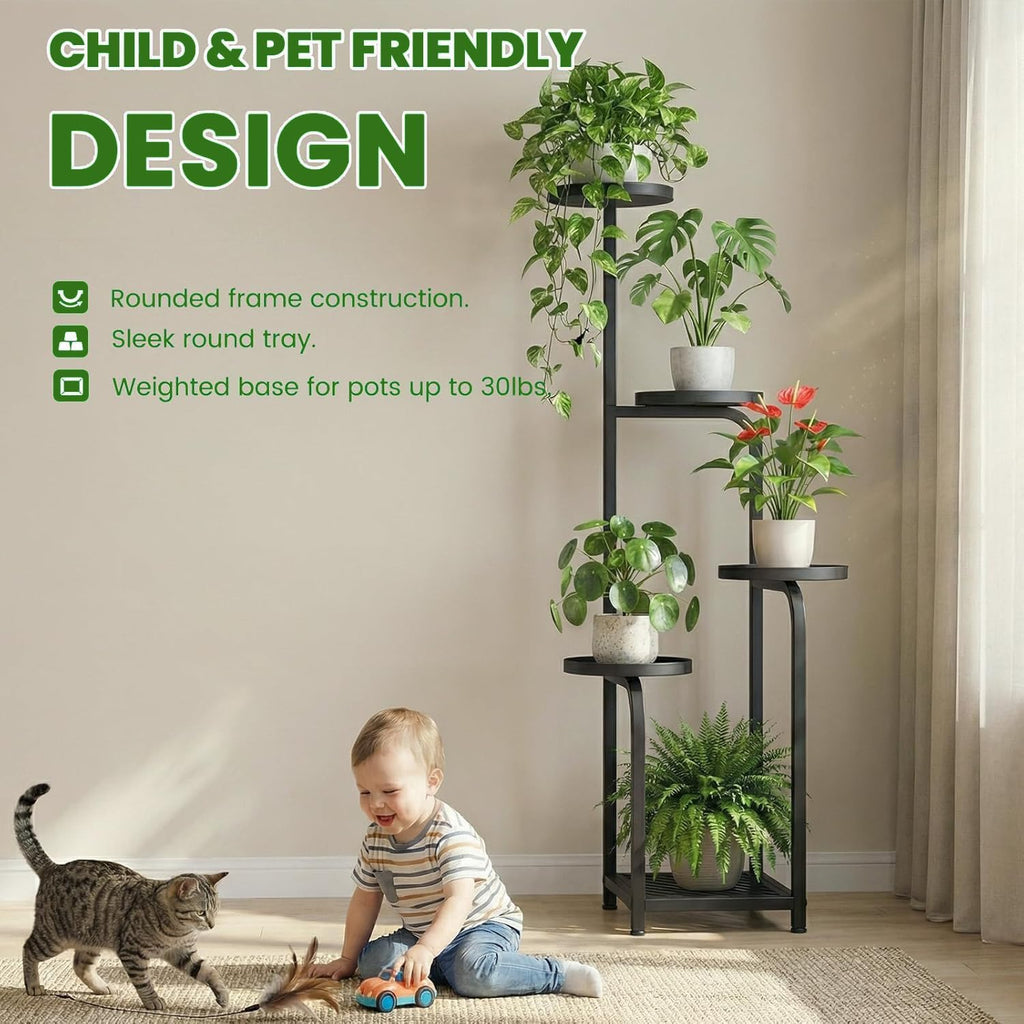 Tall 5-Tier Plant Stand Indoor with Adjustable Grow Light, Black