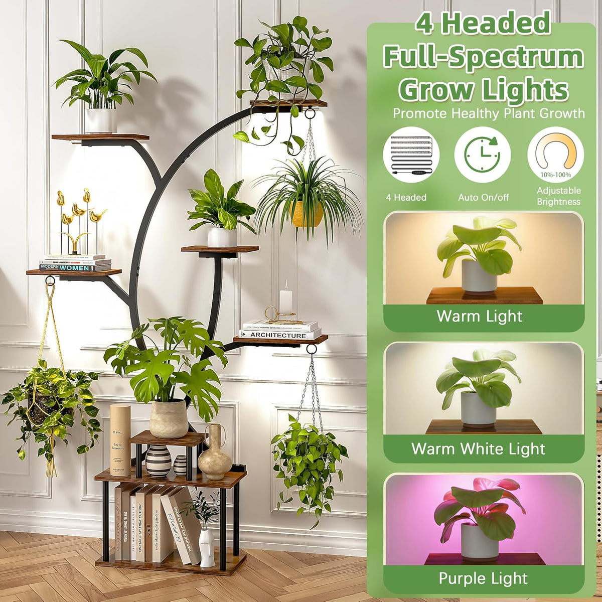 65" Tall Plant Stand Indoor with Grow Lights, 8-Tier Plant Shelf with Hanging Hooks, Tree-Shaped Metal Plant Rack, Space-Saving for Home, Living Room & Corner Spaces, Brown