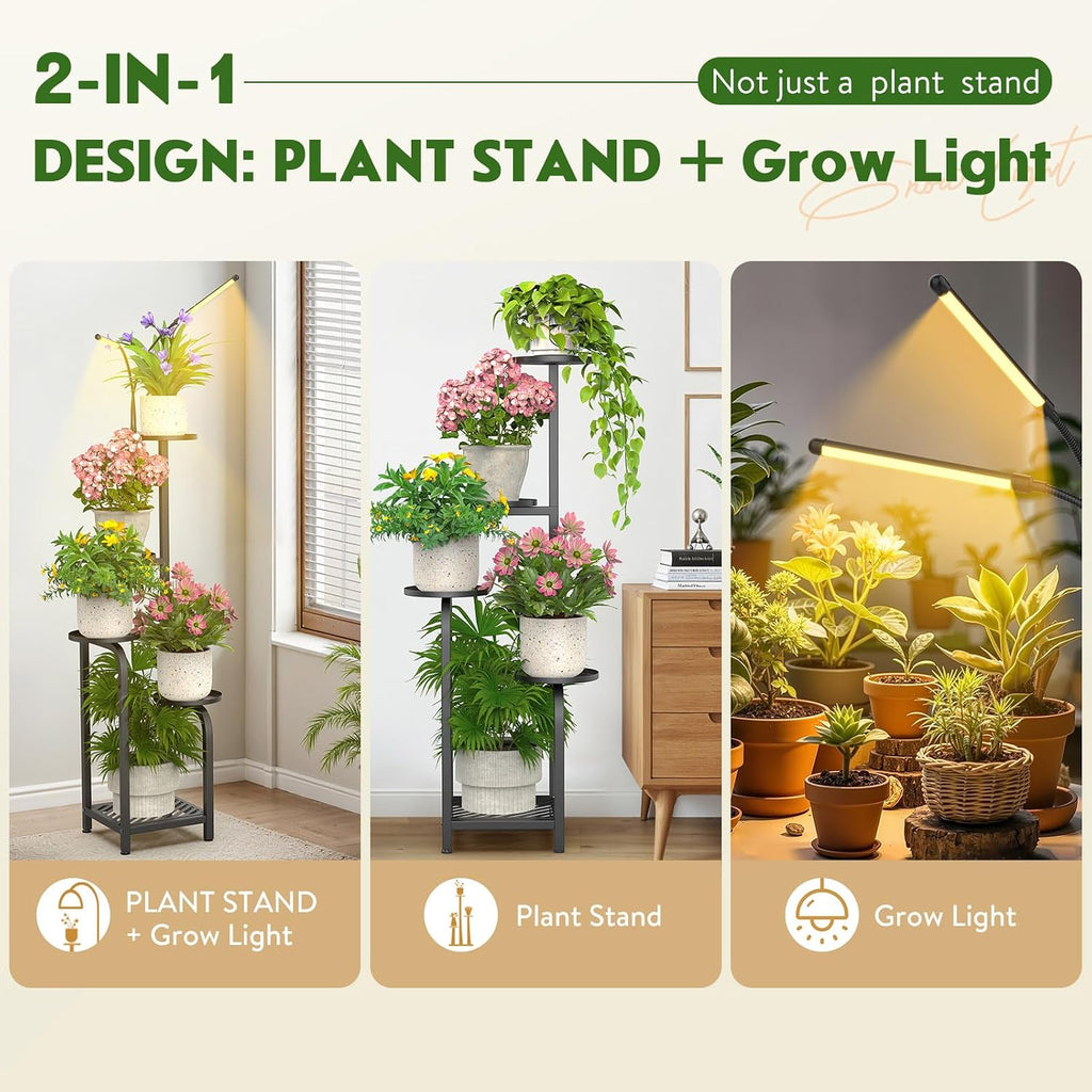 Tall 5-Tier Plant Stand Indoor with Adjustable Grow Light, Black