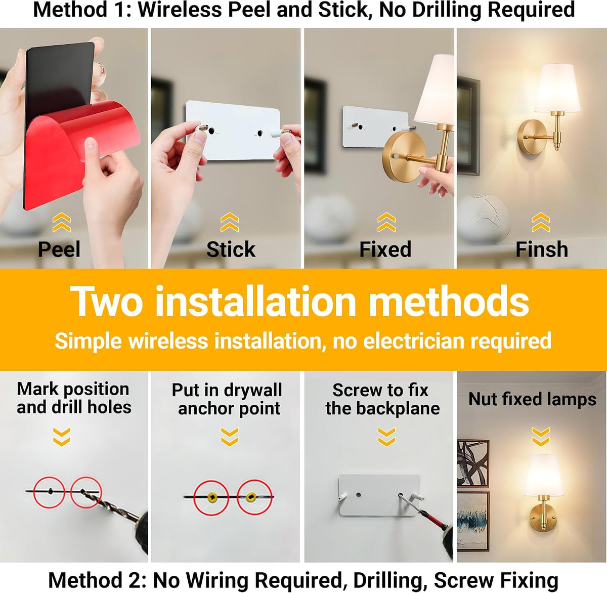 Peel and Stick Wall Sconces, Stick on Wall Sconce Set of 2, Battery Operated Wireless Wall Light, No Drill Adhesive Wall Lamp, Corn Bulb with 10000Mah Rechargeable Battery, Bedroom Wall Decor