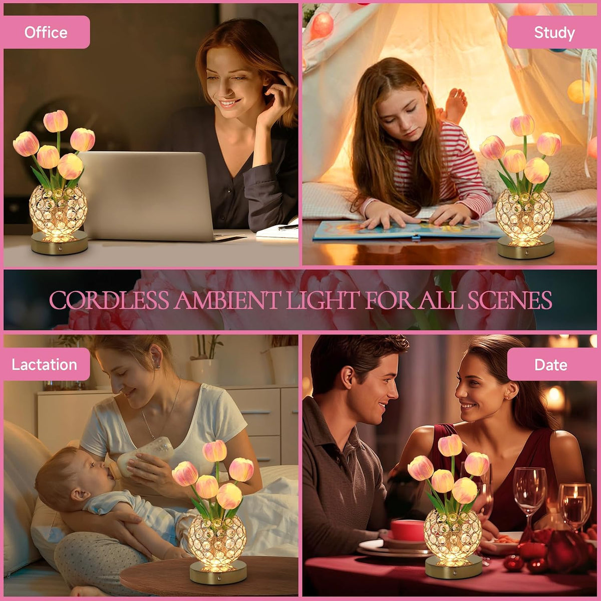 Tulip Flower Lamps, 3 Colors Touch Stepless Dimming Crystal Night Light, Rechargeable Artificial Flower Light, LED Flower with Vase Lamp Romantic Decor for Date Party Home (Tulip1 - Pink)