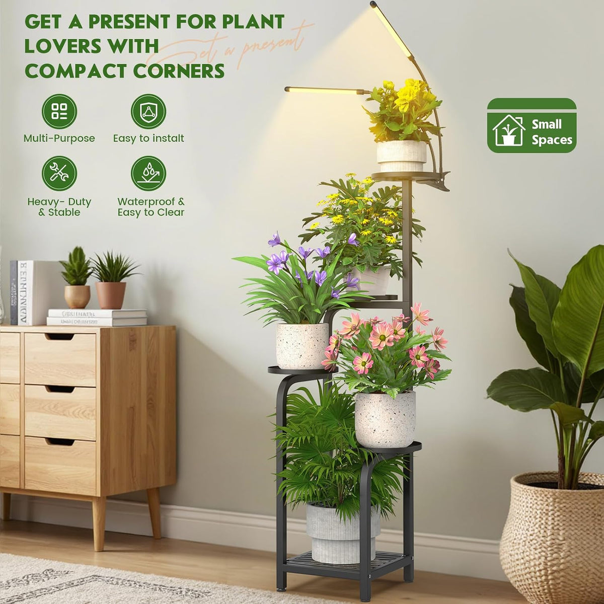 Tall 5-Tier Plant Stand Indoor with Adjustable Grow Light, Black